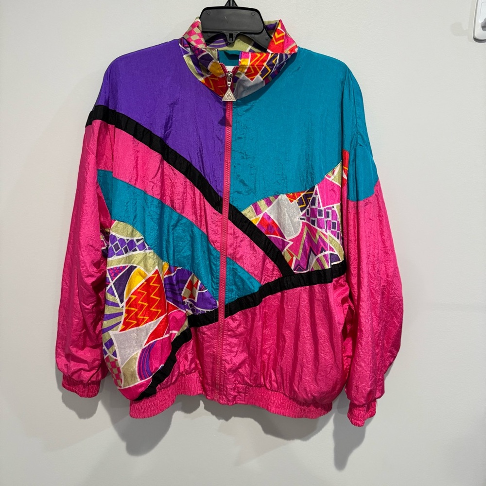 Vintage 90s CASUAL ISLE Windbreaker Jacket Womens Medium Loud Colorful‎ Pink